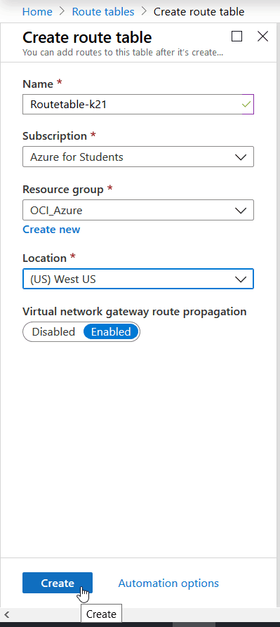 Create Route Table