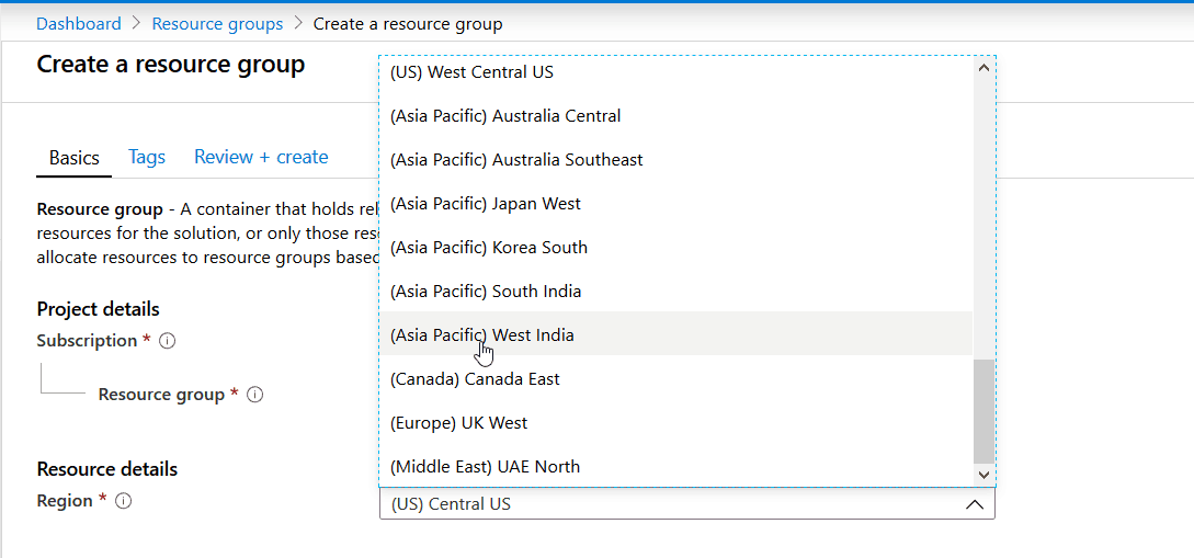 select region for resource group