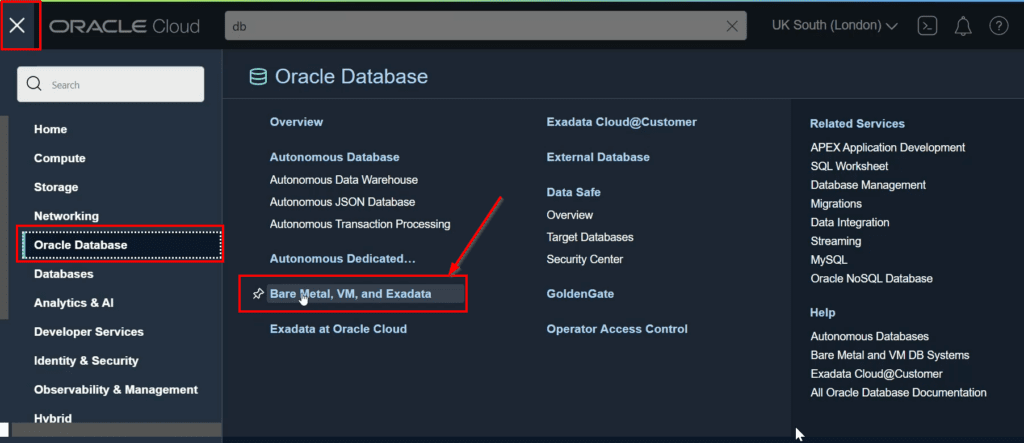 Navigation to Oracle Cloud Database Option