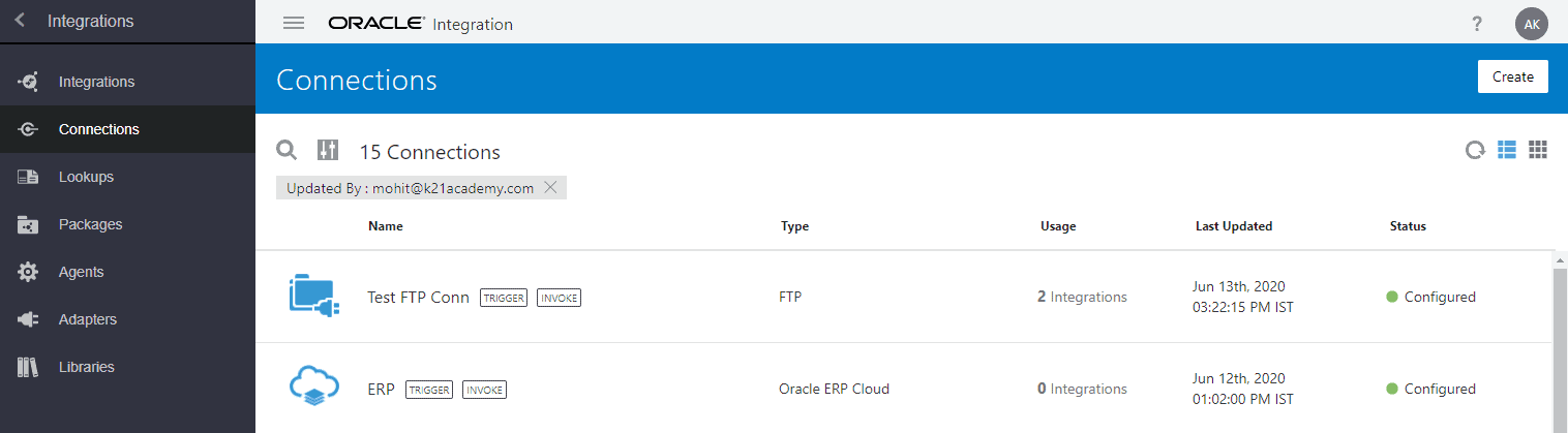 Oracle Integration Cloud oic new connection page