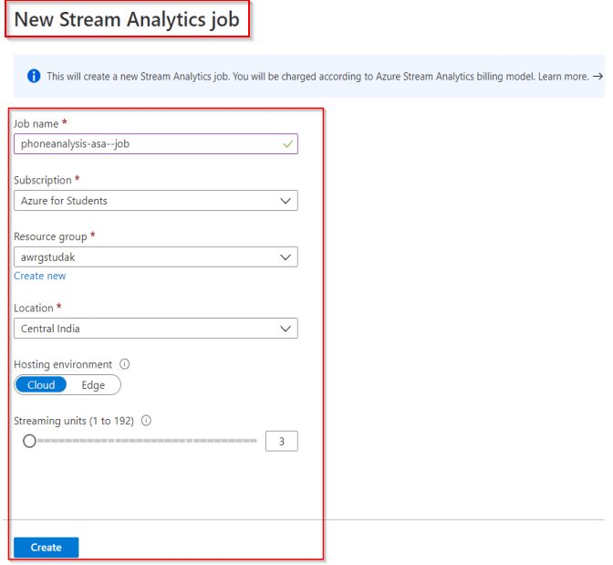 new Stream analytics job