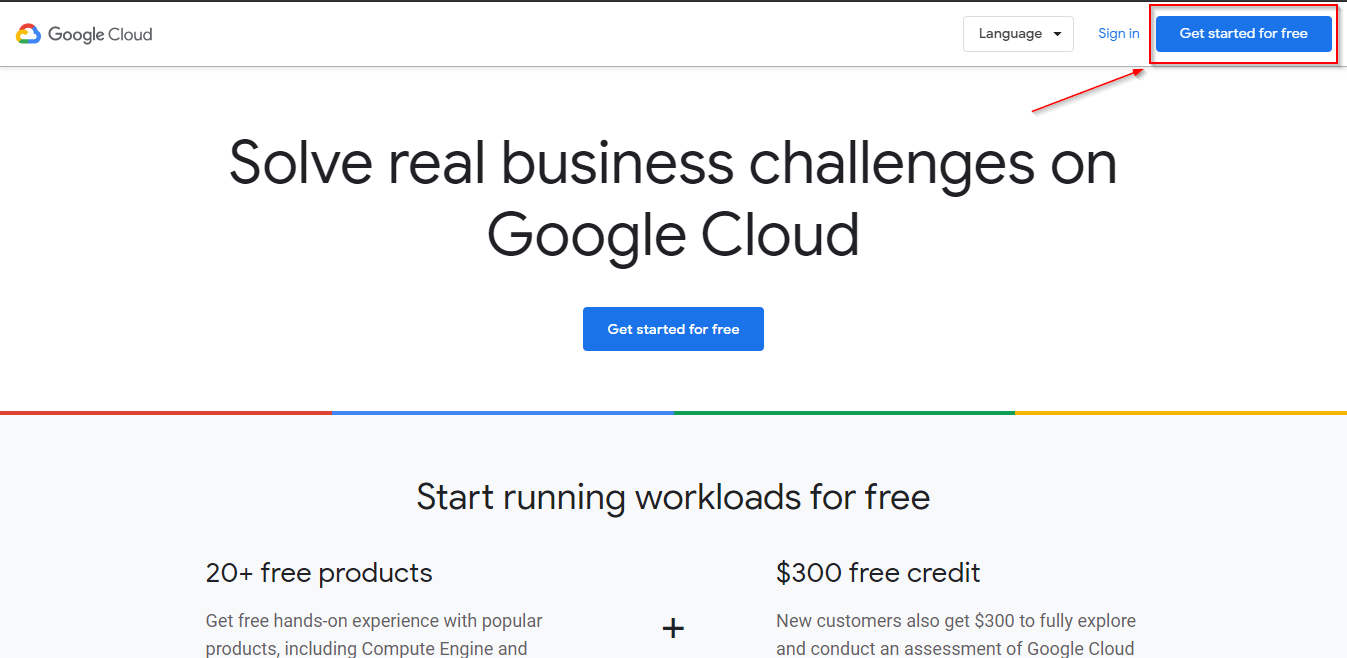 Step 2: Click on Get Started For Free in Google Cloud