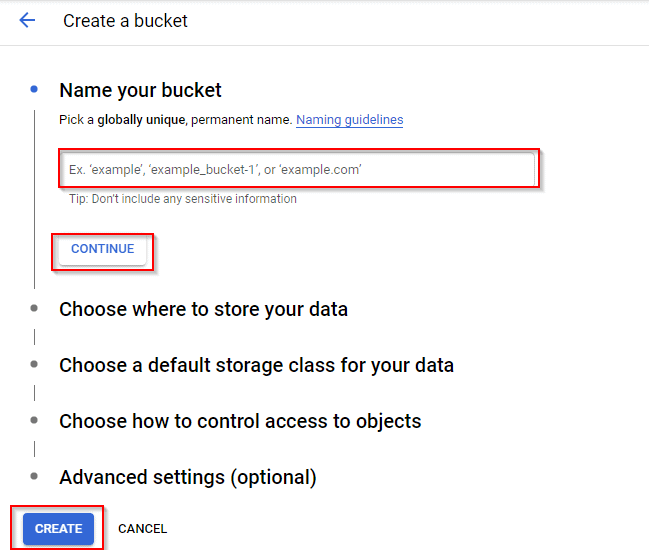 Enter Bucket Information