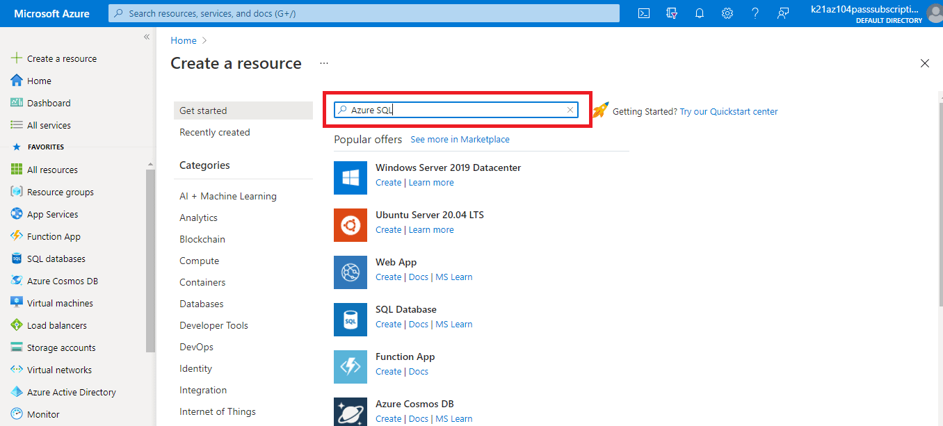 Searching for Azure SQL