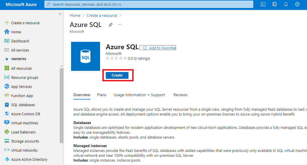 create option for Azure SQL