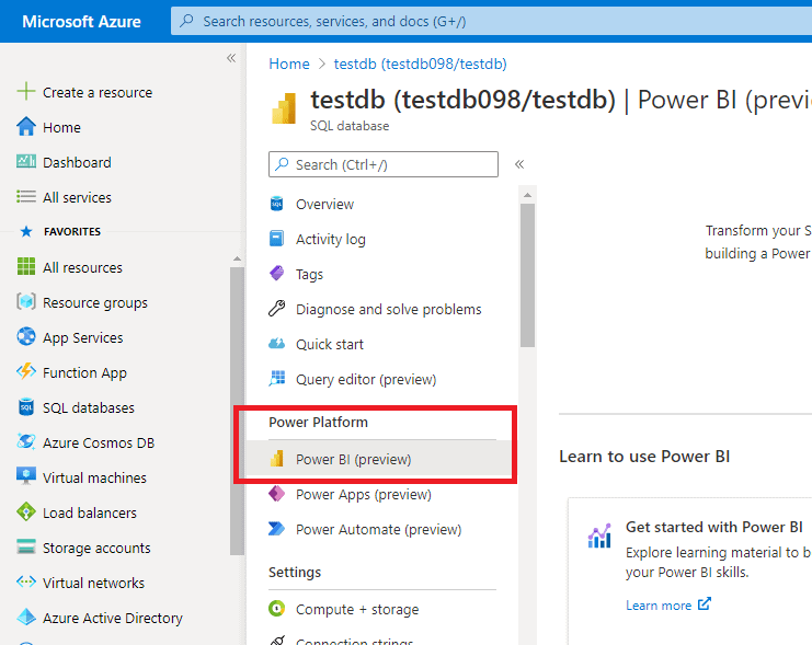 Power BI option in Azure