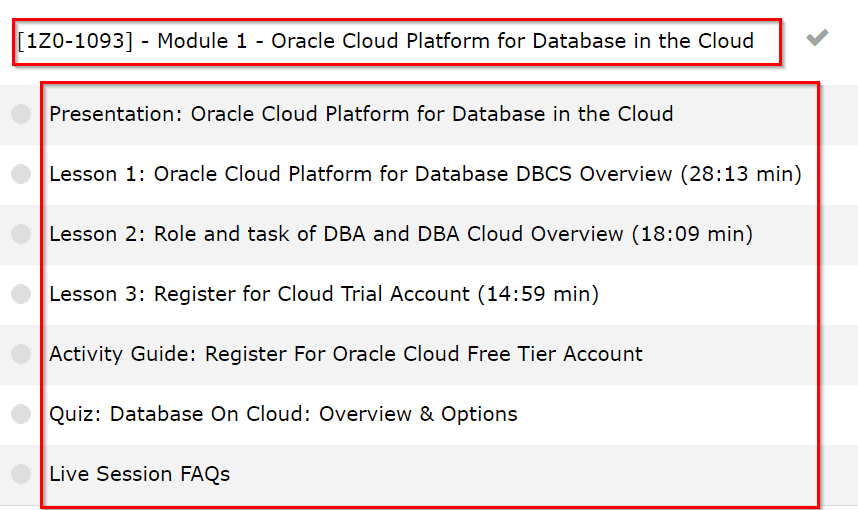 Portal view of Cloud DBA module 1