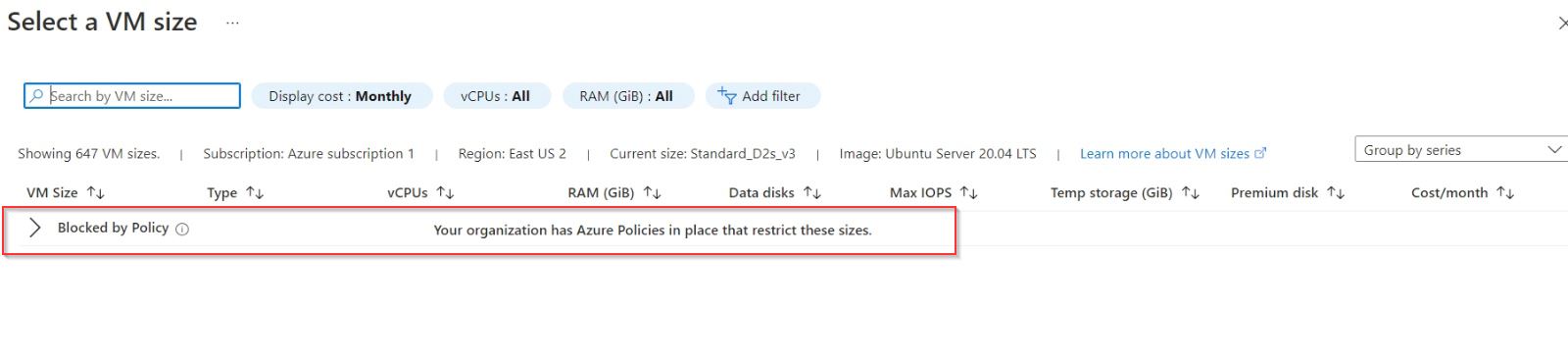  blocked by policy image in select a VM size