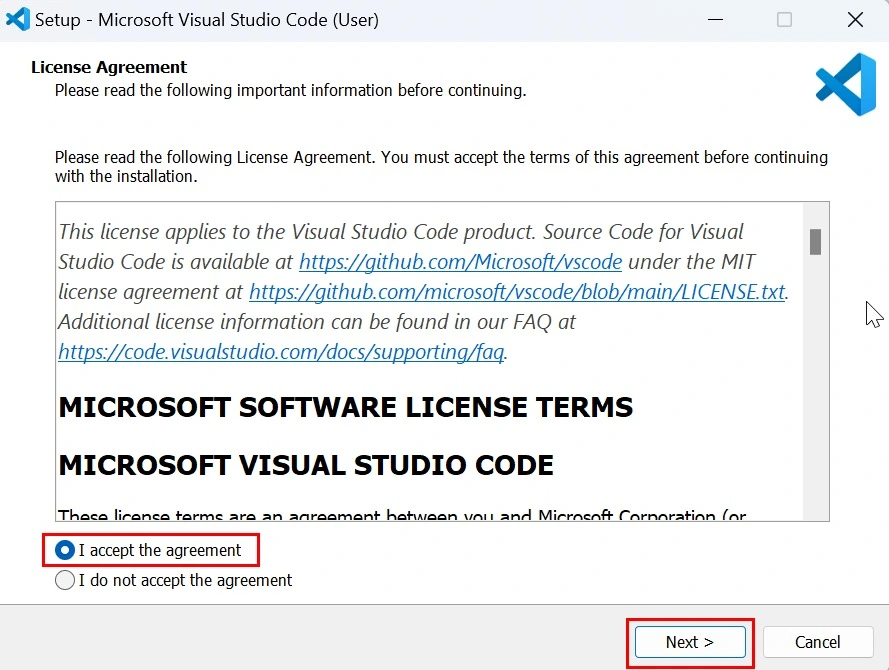 Accept the License Agreement to install VS Code