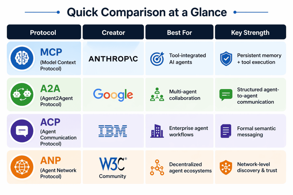 Agentic AI Protocols Comparison: MCP vs A2A vs ACP vs ANP