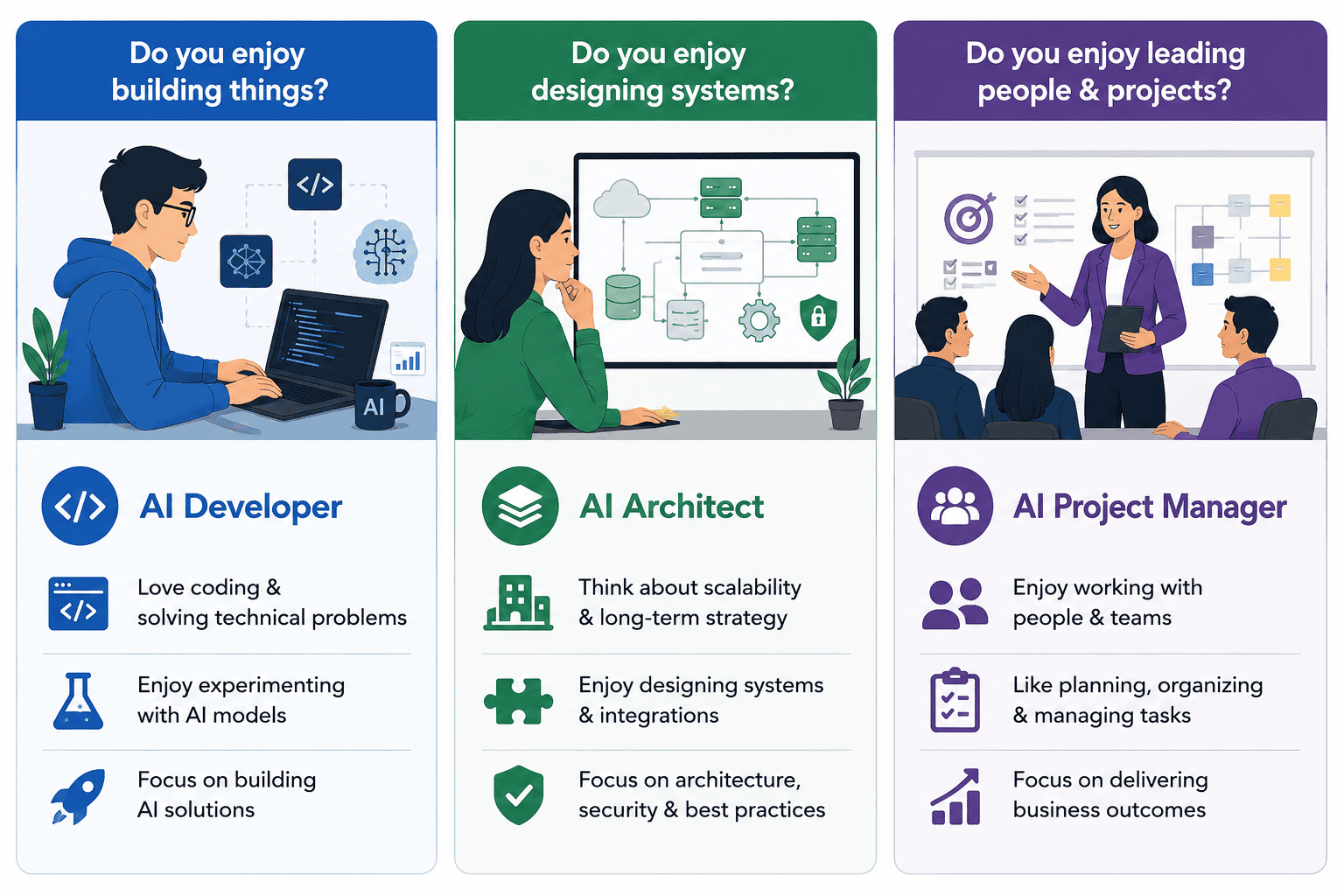 AI Developer vs AI Architect vs AI Project Manager- how to know the correct role